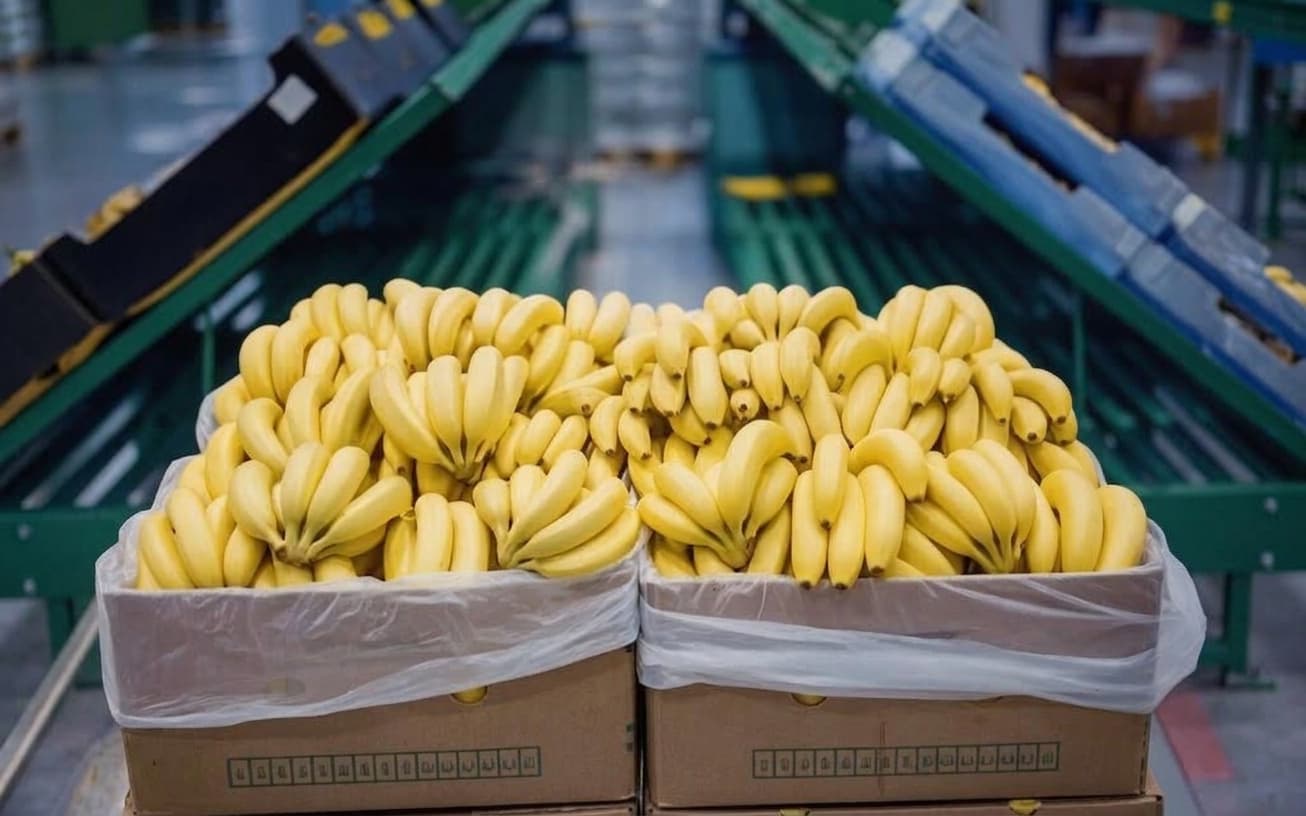 Cajas de banano listas sobre la banda de la planta empacadora